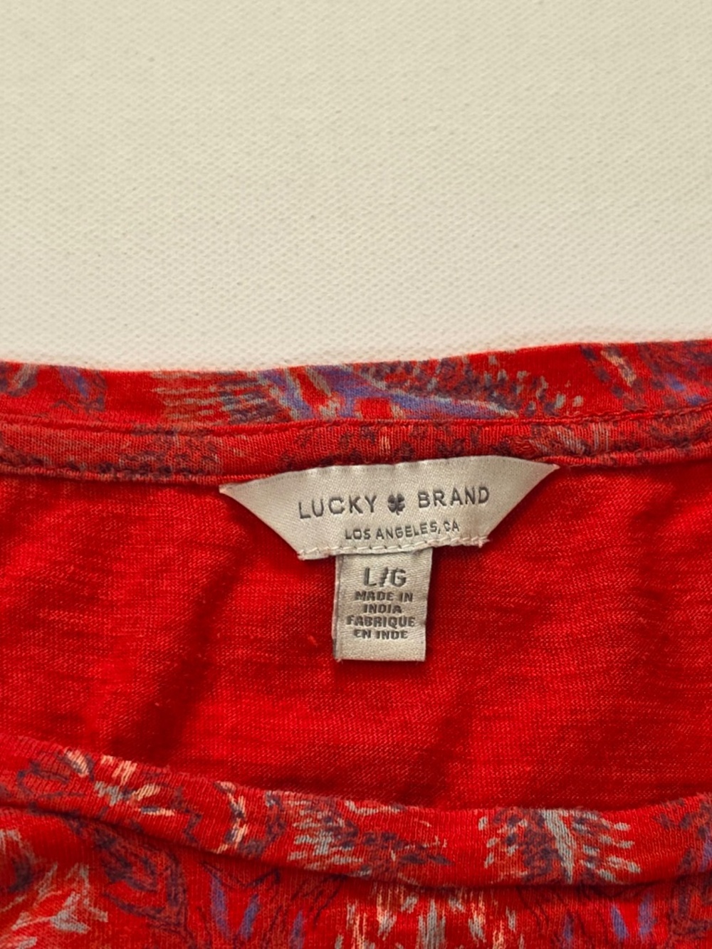 Lucky Brand Shirt Womens L Red Paisley Jersey Ruched Relaxed Fit Summer - Picture 6 of 6